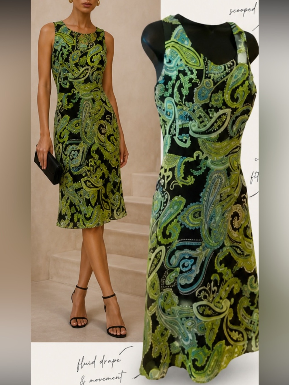 Vintage Midi Dress | Black & Green Paisley sleeveless contoured dress EUC size 8